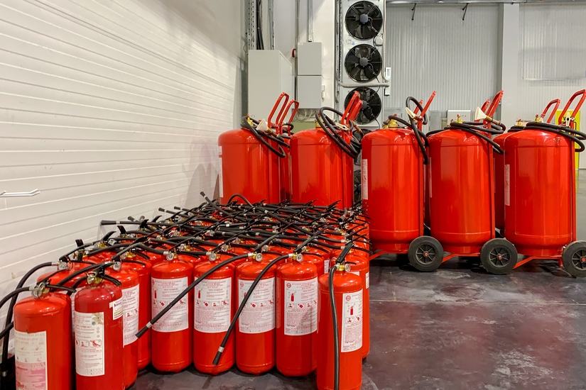 Large collection of red fire extinguishers and wheeled trolley units stored in industrial building